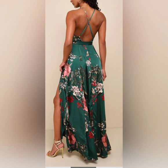 Lulu's Emerald Green Floral Wrap Maxi Dress with Pink & Red Accents - Picture 5 of 12